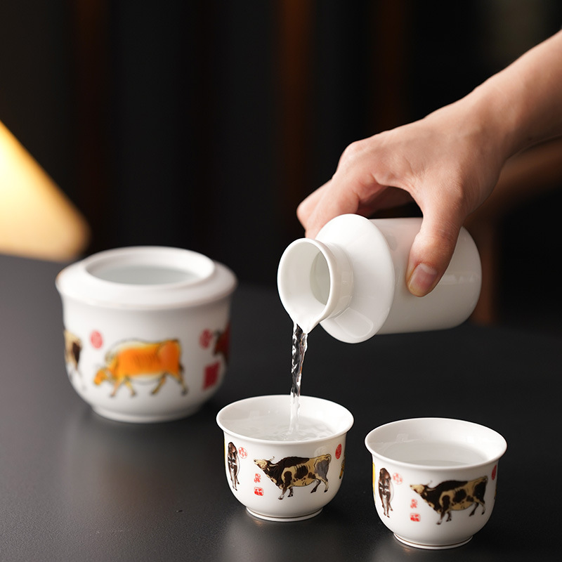 Porcelain Wine Warmer with Five Cows Design, Ceramic Wine Set, Traditional Wine Warmer