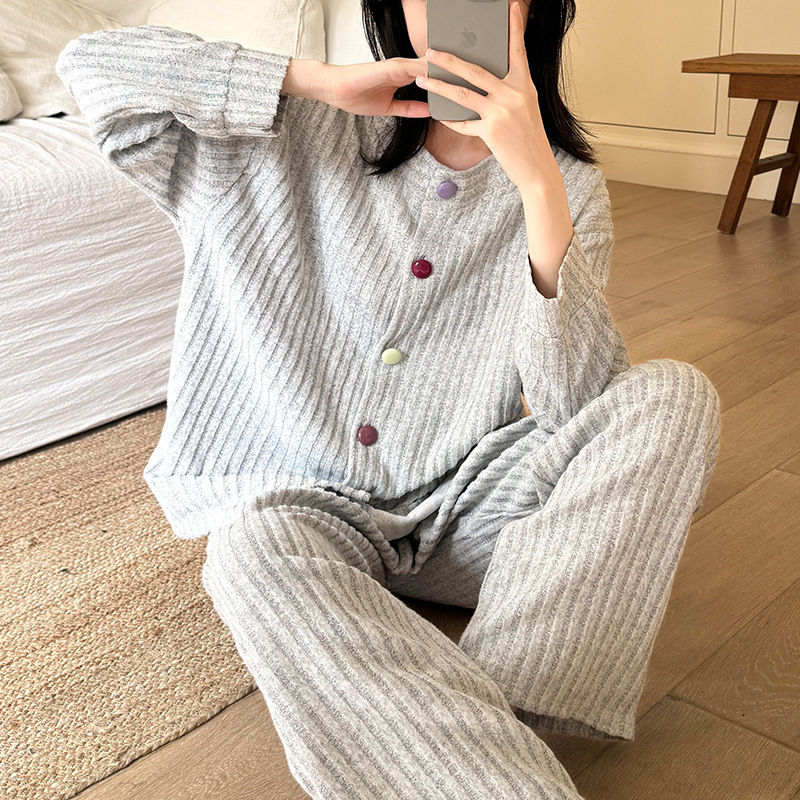 绵羊绒睡衣女款秋冬季韩版休闲开衫长袖套装简约保暖家居服可外穿|undefined