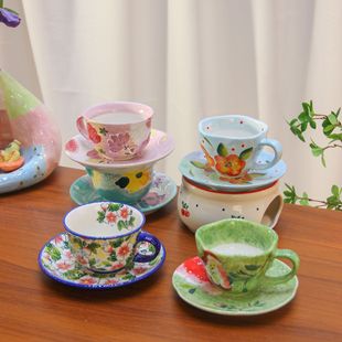 Chinese-Style Polish Color Painting Coffee Cup and Saucer Set, Underglaze Ceramic, Heat-Resistant, Easy to Clean, Coffee Cup with Chinese Trendy Style