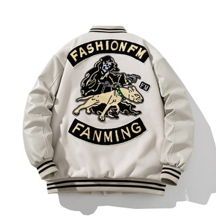 American retro motorcycle baseball uniform men's embroidered couple woolen PU leather jacket cotton and thickening coat fashion