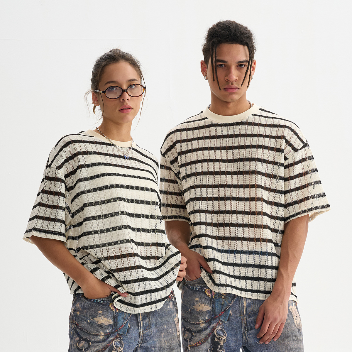 ETAI Hombre| Marca de moda casual suelta hombre malla manga corta de alta calidad cuadrada tipo hombre rayas manga corta