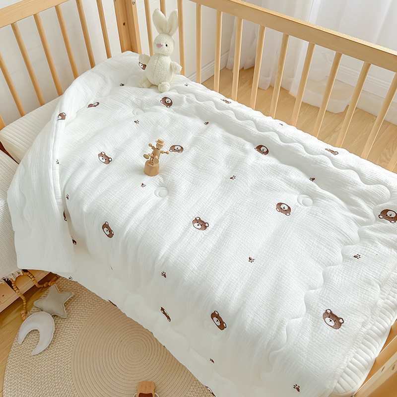 더블 화이트 크레이프 면 자수 발 곰