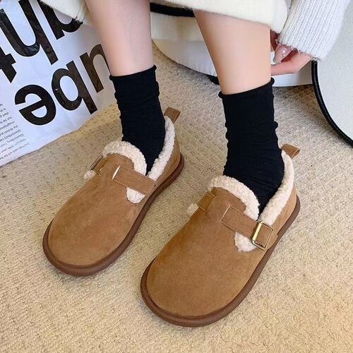 Wool-lined warm retro flat fuzzy shoes for women, outdoor wear casual shoes for autumn and winter, soft bottom comfortable moccasin shoes