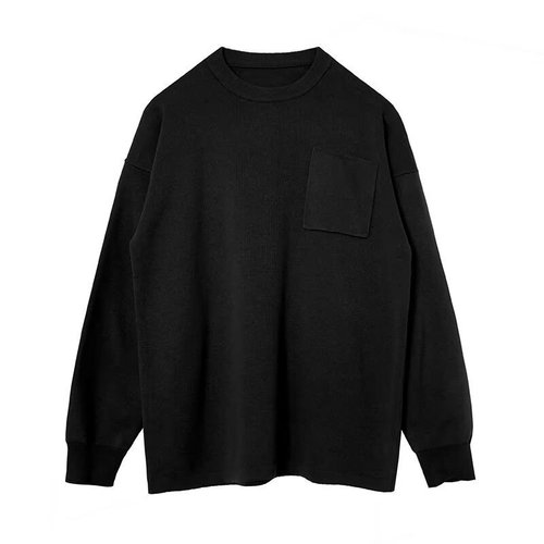 Japanese Retro Relaxed Knit Shirt T-Shirt for Men Spring Pocket Oversized Loose Plain Color Casual Crew Neck Sweatshirt