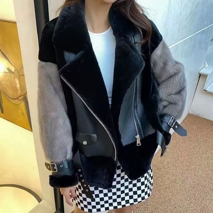 新款机车服黑色皮毛一体欧貂时尚宽松皮毛一体外套女气质外穿拼接