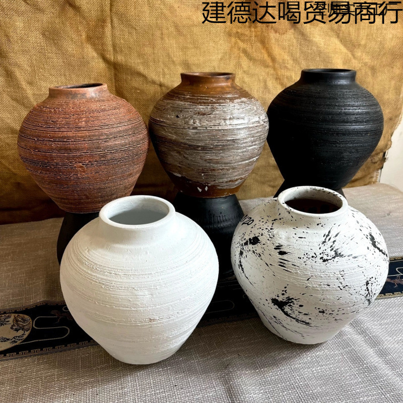 Chinese Vase, Retro Handmade Ornaments, Large Diameter Flower Arrangement, Dried Flowers, Stoneware Pot, Hydroponic Flower Device, Wabi-Sabi Style Vase