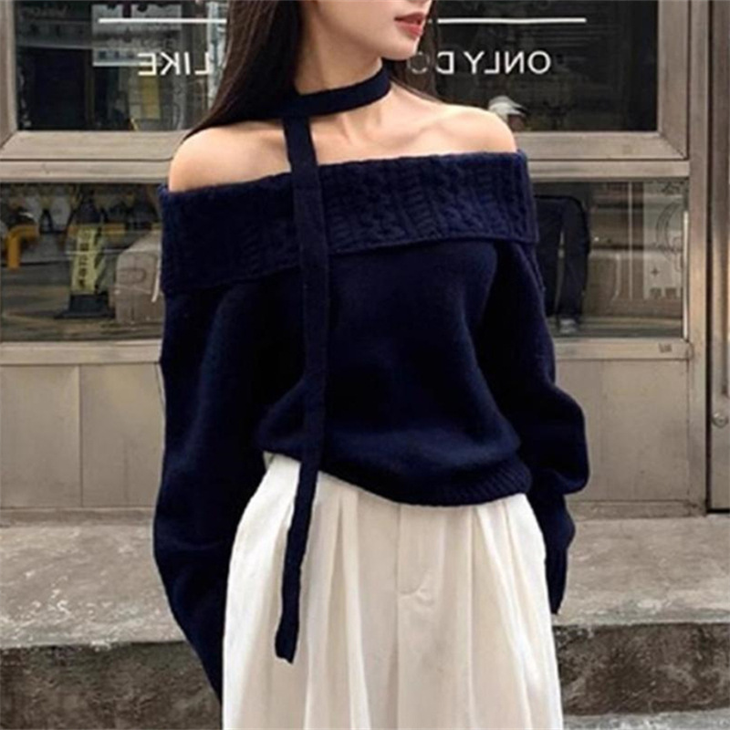 韓国風ワンショルダーリボンオフショルダーセーター女性用25秋冬優しい風ツイストニットセータープルオーバートップ