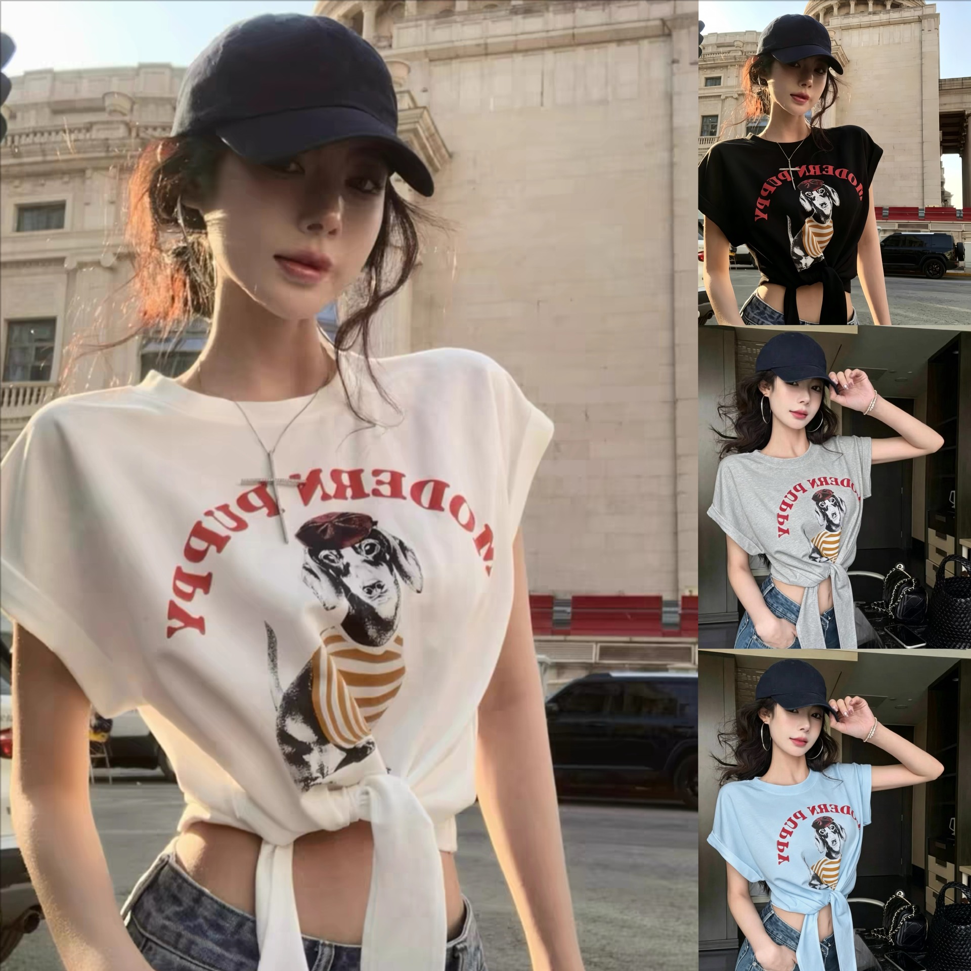 American retro tie-up print short-sleeved women's irregular hot girl slim breathable snowflake cotton T-shirt top