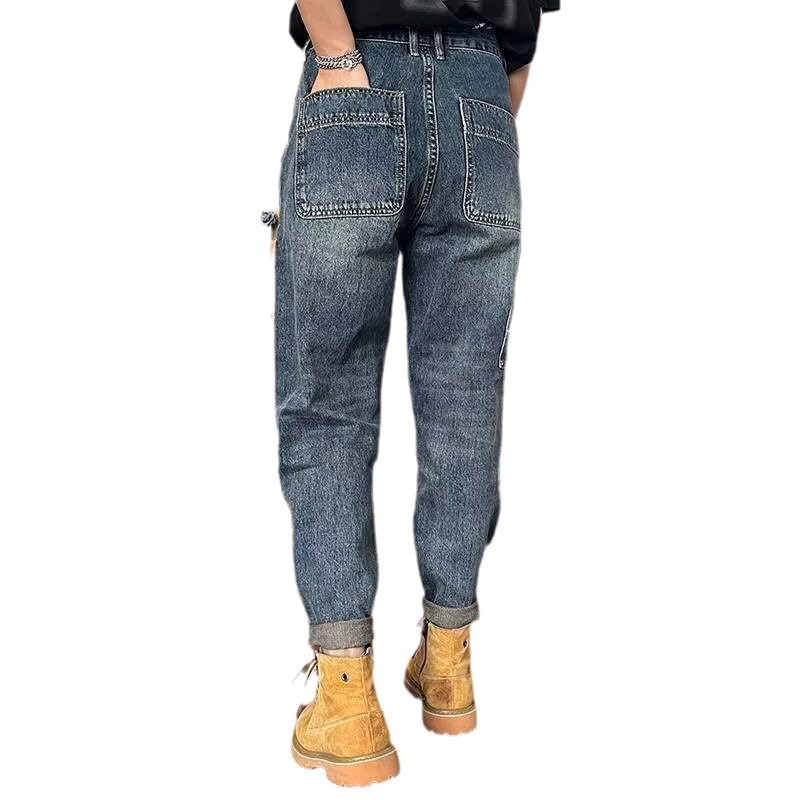 2024 primavera y otoño pantalones rectos estilo vibe de calle alta americana jeans lavados retro hiphop para hombres guapos europeos y americanos