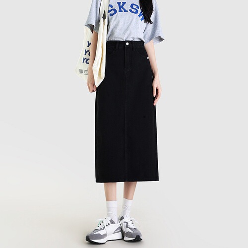 Korean high-waisted denim skirt for women, spring and autumn new style slimming split mid-long a-line bag hip denim skirt