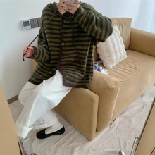 大码撞色条纹连帽慵懒风针织开衫2025秋季新款宽松时尚毛衣女外套