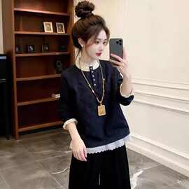 法式复古高级感假两件长袖衬衫女春季大码胖妹妹时尚百搭显瘦衬衫