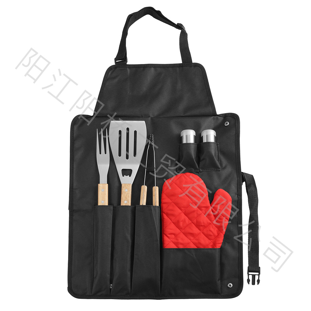 Spot fabricante de herramientas de barbacoa de acero inoxidable al aire libre BBQ mango de madera bolsa de falda clip de horquilla combinación equipo de parrilla juego completo