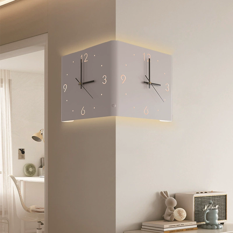 Double-Sided Corner Wall Clock, Creative Crooked Design, Iron, Optional LED Lamp