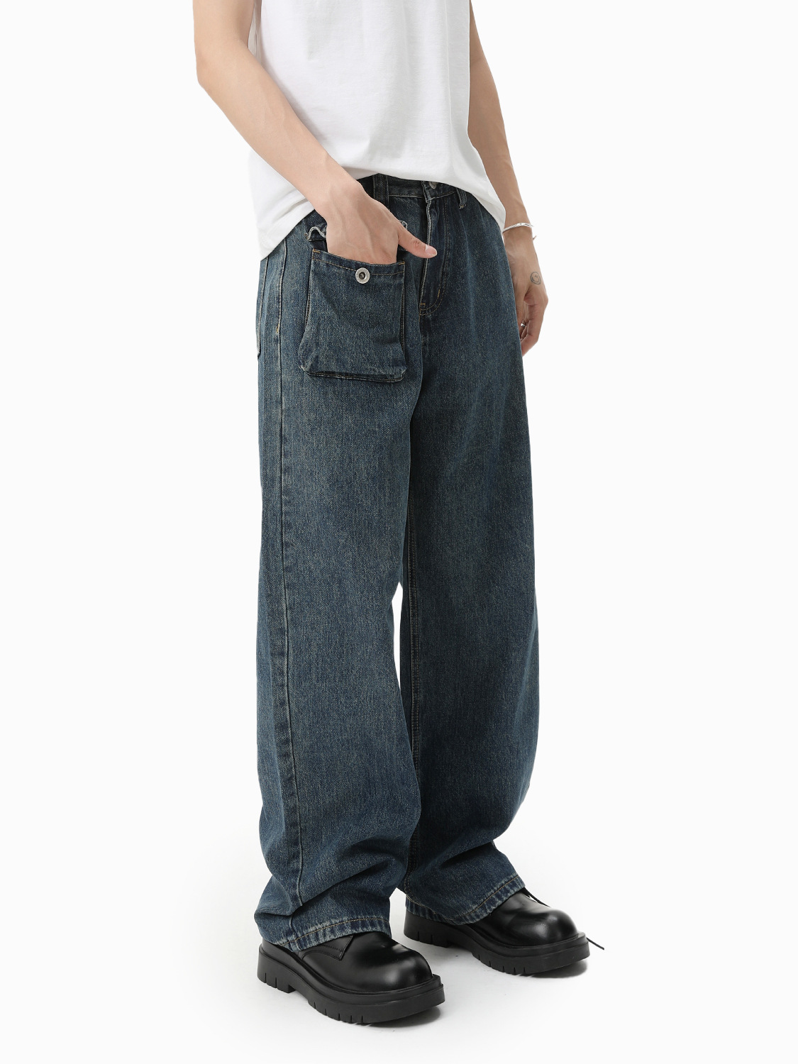 MTLCLOTHES Hombres| Nicho personalidad de diseño de bolso pequeño estilo rectas versátiles jeans lavados con agua