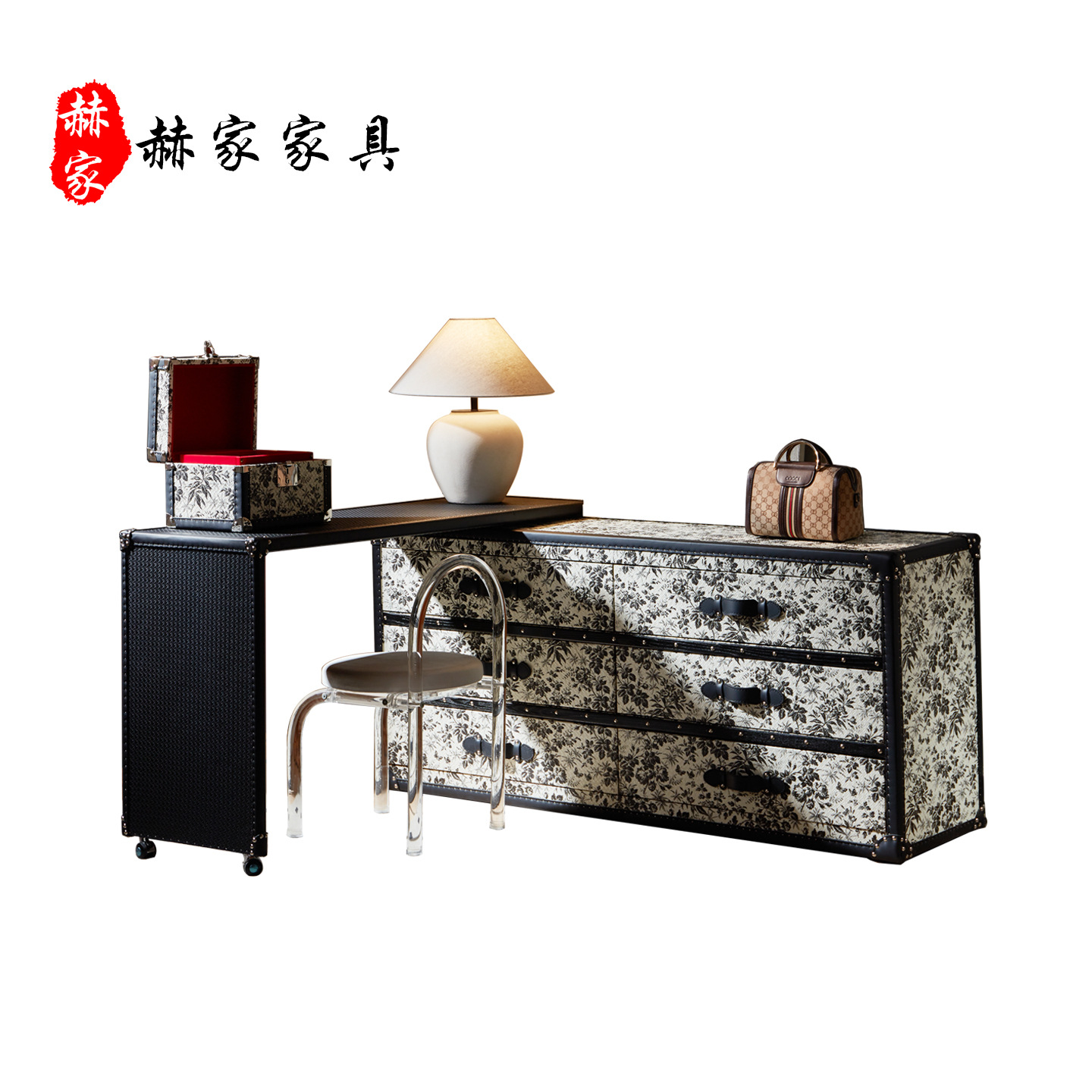 K9055 Bedroom Bed Desk Dresser Integrated Makeup Table Corner Table Vintage Black and White Forest Ink Painting Flower