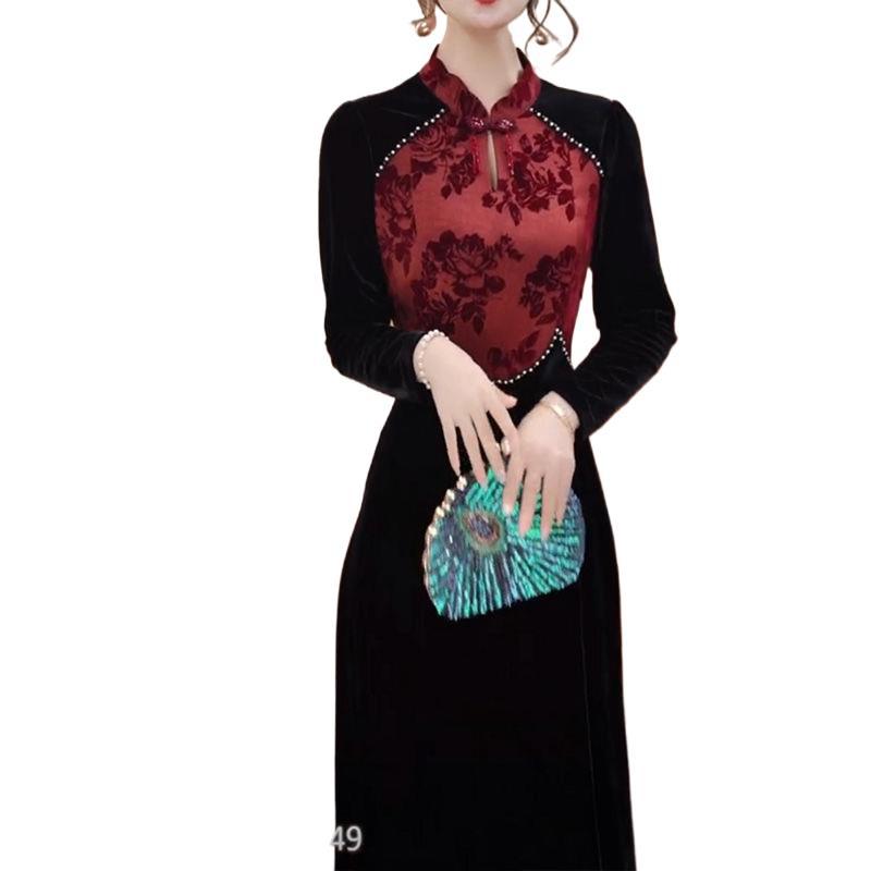 새로운 슬리밍 원피스 여성 가을 겨울 비싼 국가 스타일 스커트 여성 벨벳 개선 청삼 우아한 중국 스타일