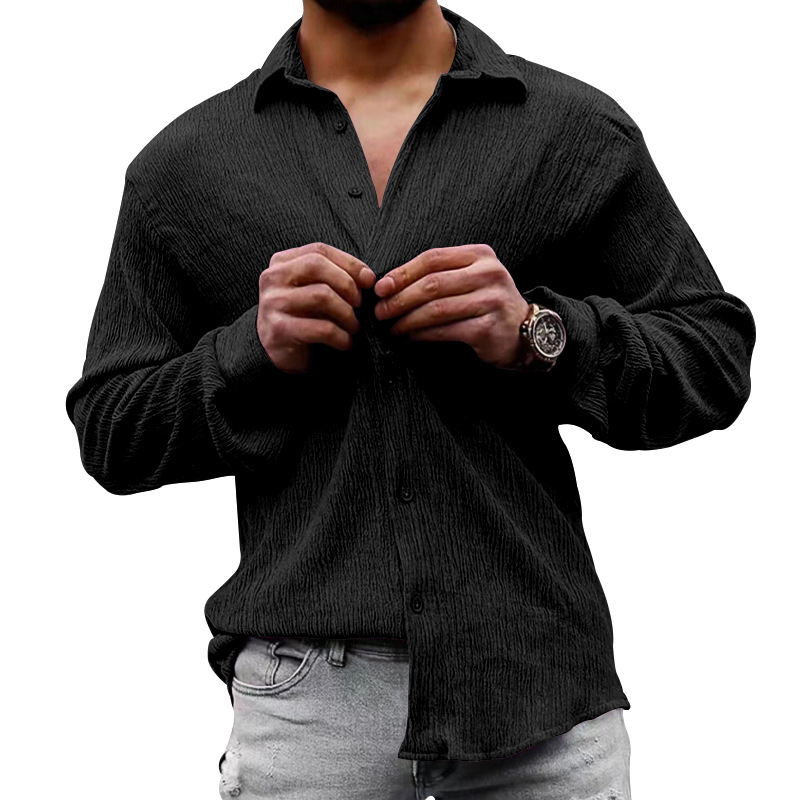 2023 Amazon camisa de manga larga de los hombres de primavera y otoño suelta más tamaño de la burbuja de tela de color sólido solapa camisa casual hombres