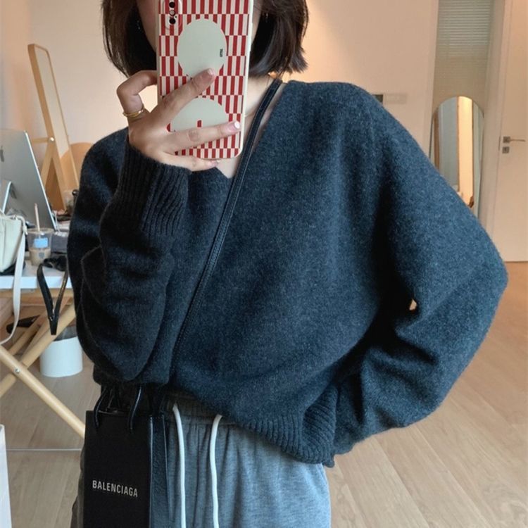 山力达迪V领套头慵懒风毛衣女秋冬软糯针织打底衫韩版洋气时尚显|undefined
