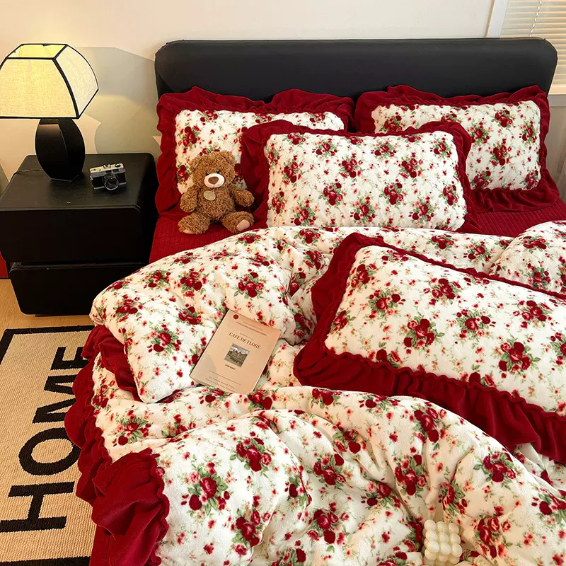 加厚床盖款牛奶绒四件套冬季加绒花边宝宝绒床单被套床笠款被罩