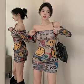 跨境批发街头性感辣妹风印花连衣裙修身显瘦网纱包臀短款一步裙潮
