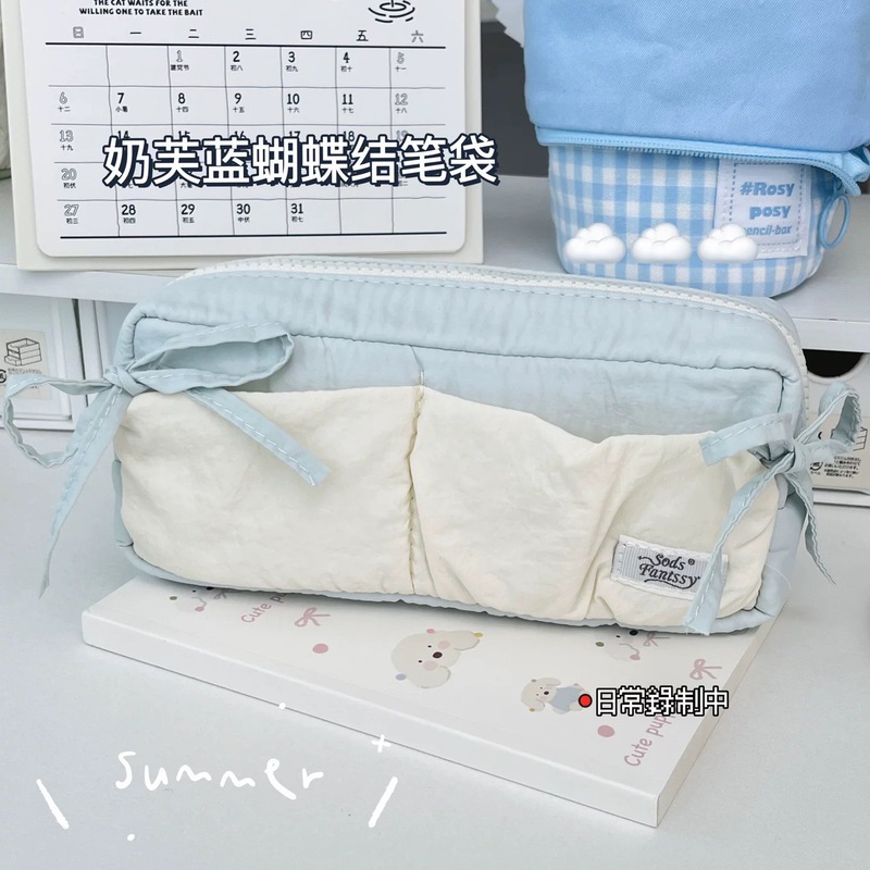 新款云朵泡芙蝴蝶结笔袋ins高颜值学生文具收纳袋大容量铅笔袋|undefined