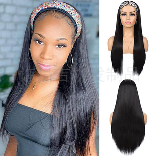Cross-border European and American Women's headband wig headband wig Black Ice Silk Hair Belt Long Straight Hair wig Headgear
