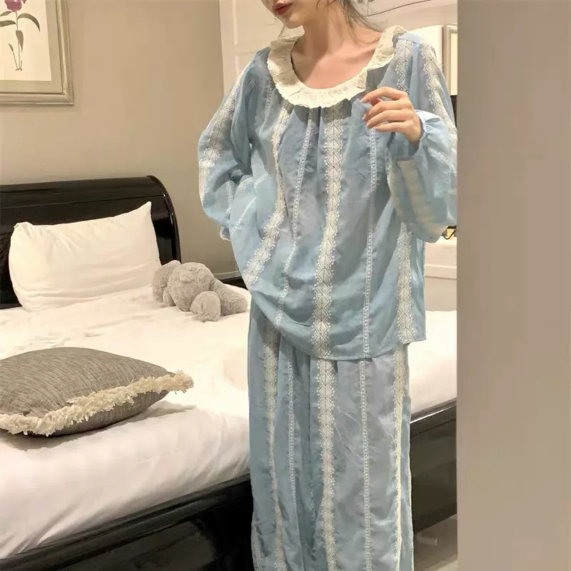 korea云朵棉圆领睡衣女宫廷风蓝色长袖长裤秋季新款家居服套装