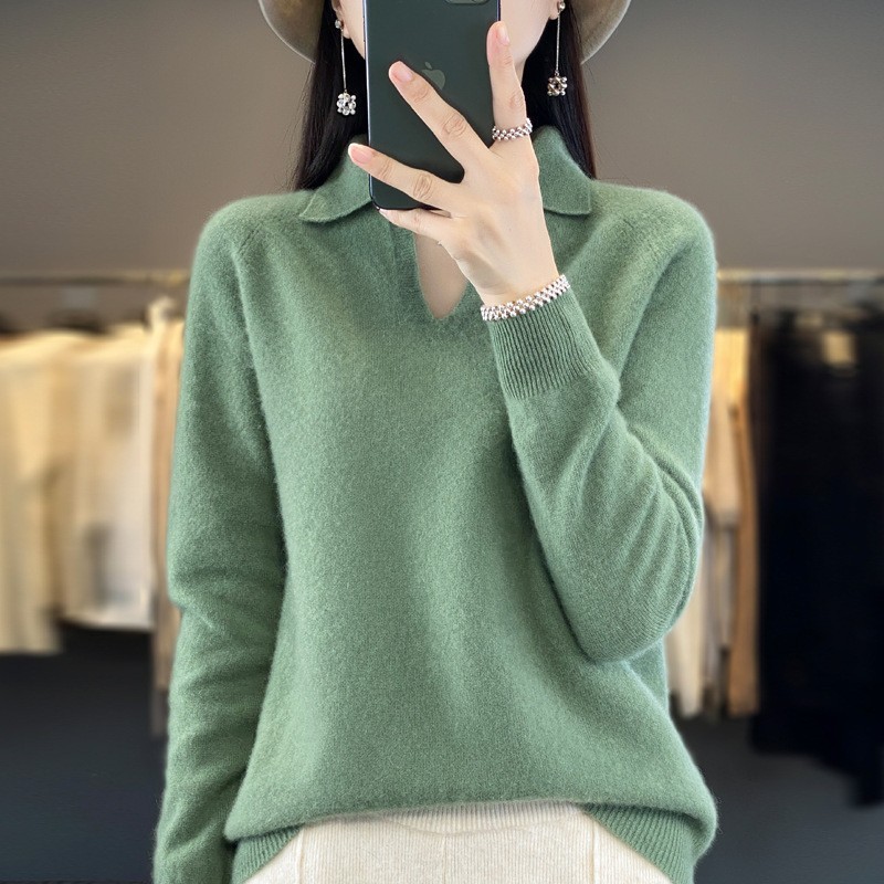 秋冬新款无缝羊毛衫女气质V领内搭针织打底翻领宽松Polo领毛衣|undefined