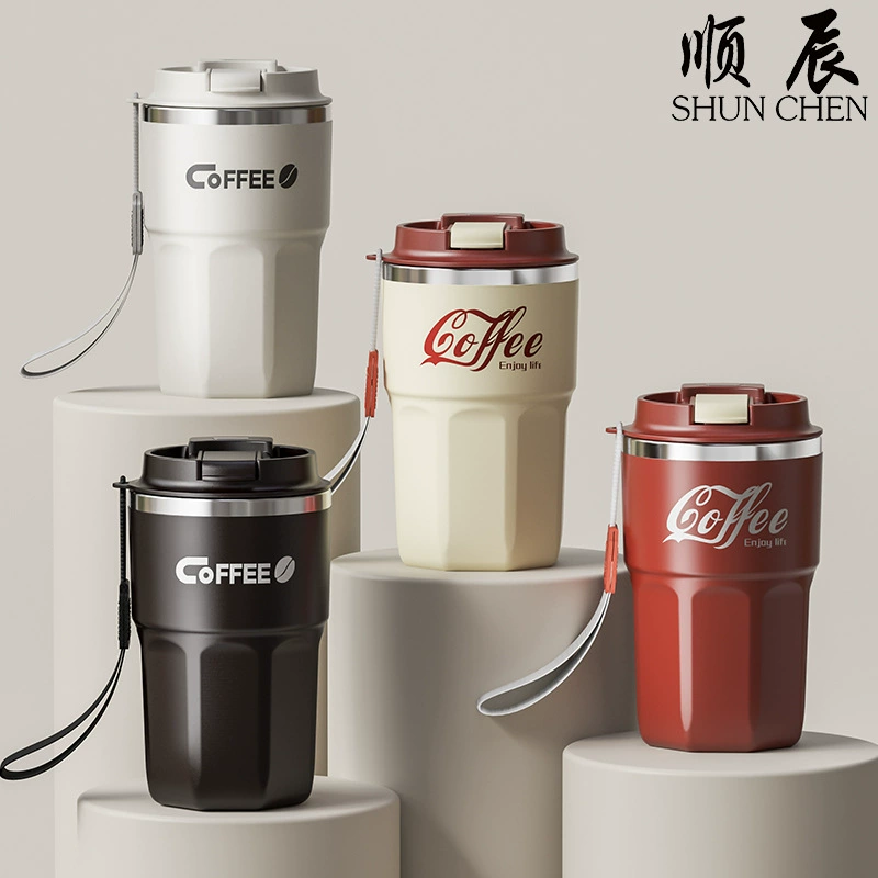 Ручная кофейная и чайная чашка (Shun Chen) из нержавеющей стали AISI 304, 480 ml, крышка против пролива