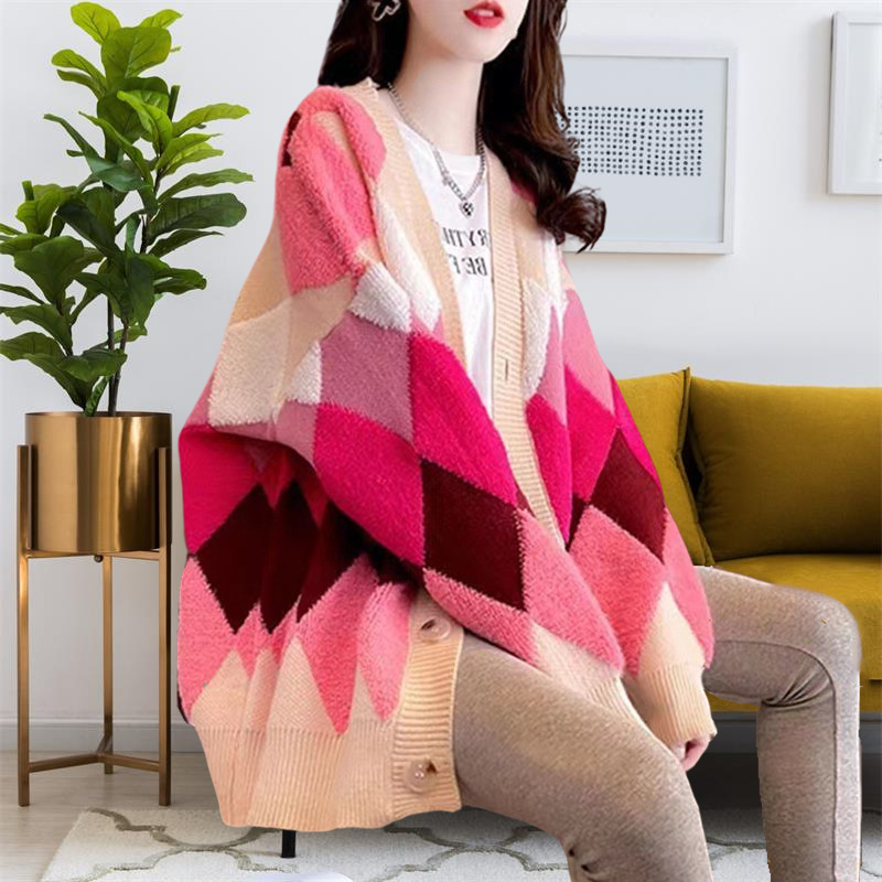 Spring and Autumn New Korean Style Loose Contrast Color Diamond Plaid Cardigan V Neck Jacket Knitted Sweater Jacket 2025 Korean Style