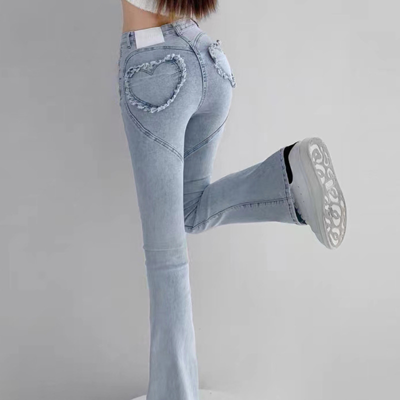 American Style Hot Girl Sexy Stitching Love Peach Hip High Waist Jeans Women's Slimming Tight Hip Flare Trendy