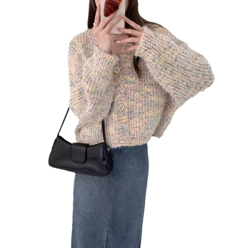 复古彩点毛衣外套上衣女2025秋冬新款慵懒宽风松软糯花线针织开衫|undefined