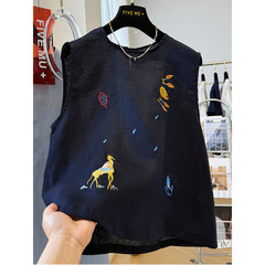 ヘビー刺繍韓国風のユニークで美しいノースリーブリネントップ女性用夏超見栄えの良いアウターベストベストシャツ