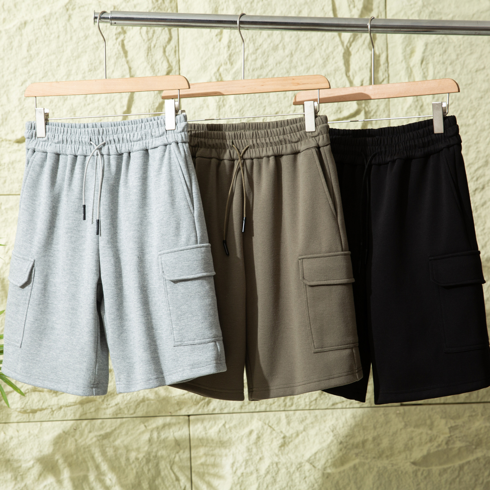 Multi-Pocket Cargo Style Summer Men's Straight Loose Elastic Waist Sports Casual Knit Cotton Shorts Knee-Length Shorts