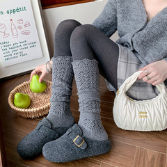 Boots Shang 綿エンボス中空カーフソックス レディース 暖かいニット レトログレー ヘビーデューティー ロング 秋冬 パイルストッキング