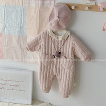 嬰幼兒寶寶女童甜美衣服秋冬波點女寶加絨夾棉保暖連體衣爬服