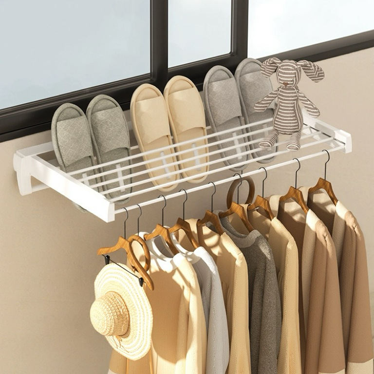 Folding Invisible Clothes Drying Rod, Wall-Mounted Clothes Rack, Balcony Retractable Drying Net, Space-Saving Clothes Drying Tool for Shoes and Socks