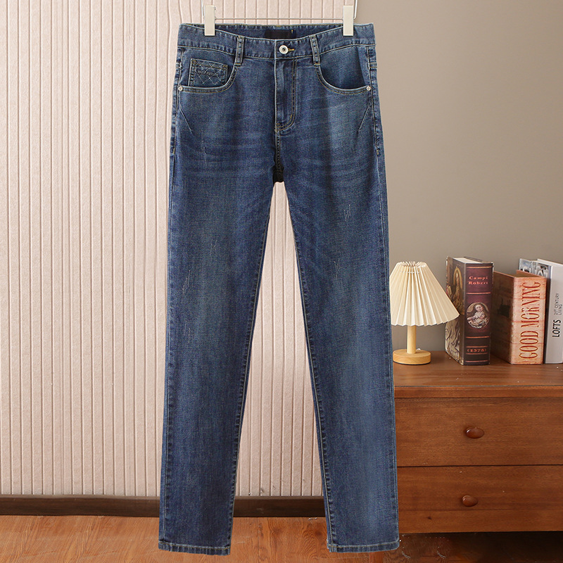 Five-Pocket Men's Jeans Summer Breathable Slightly Stretchy Three-Dimensional Laminated Straight Casual Long Pants Men 1Y007 Trendy