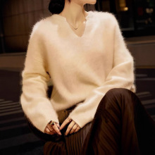 无染色原绒！康赛妮100纯山羊绒拉绒V领毛衣一体成型拉毛上衣宽松