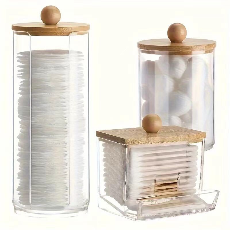 Bamboo Lid Cotton Swab Storage Box Ps Transparent Portable Stacked Storage Jar Acrylic Cotton Ball Dust Box Combination