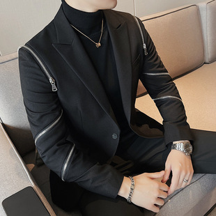 Autumn and Winter Men's Slim-fit Plagian Handsome Suit Coat Slim-fit Zipper Design Texture Western Style Punk Suit Top