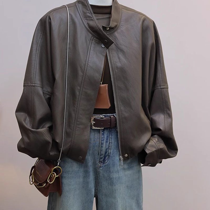 Brown Short Leather Jacket for Women, Autumn Jacket with Leather Stand Collar, Leather Coat for Women, Replacement Leather Jacket Brown Short Leather Jacket for Women, Autumn Jacket with Leather Stand Collar, Leather Coat for Women, Replacement Leather Jacket