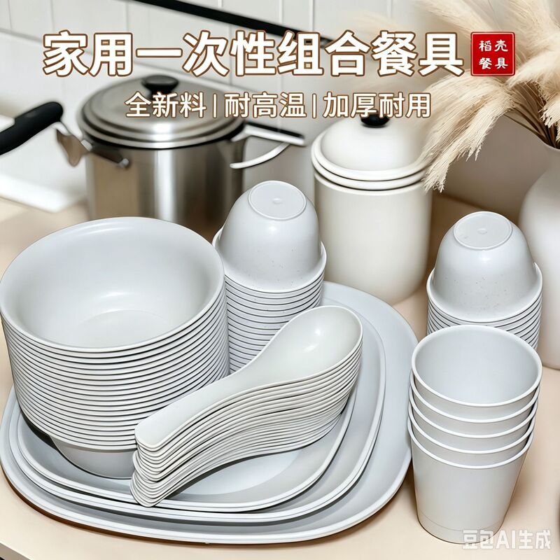 Rice Husk Tableware, Good Quality Disposable Bowls, Cups, Saucers and Spoons, Household Set, Biodegradable, High-End Disposable Bowls