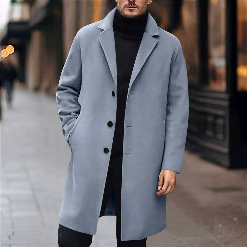 Men's Wool Trench Coat Single Breasted Long Overcoat For Men_voghion.com
