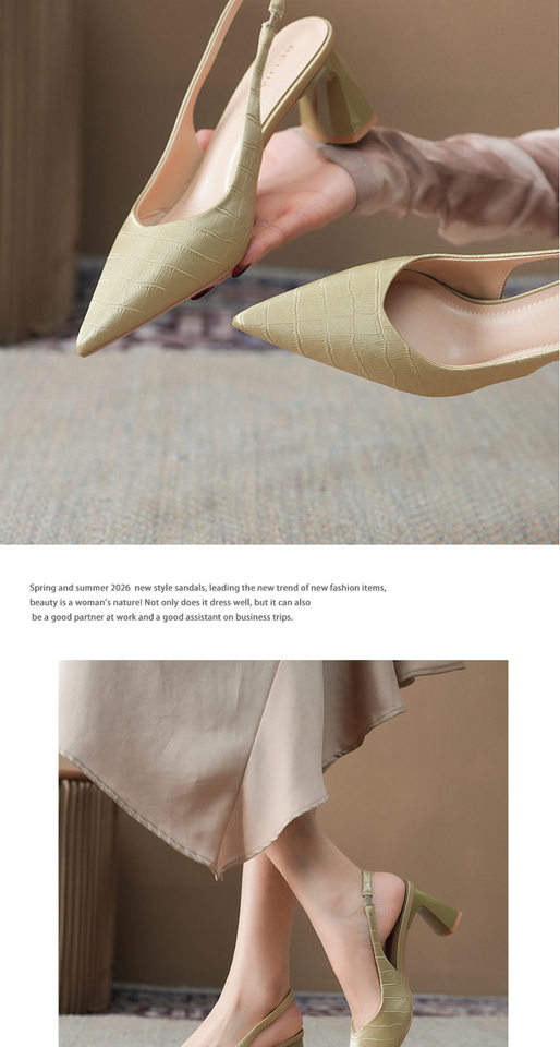 Sandal cao gót nữ mũi nhọn hở gót gót thô vân cá sấu, gót 6–8 cm — Màu hồng nhạt, Màu vàng nhạt, màu đen chi tiết 9