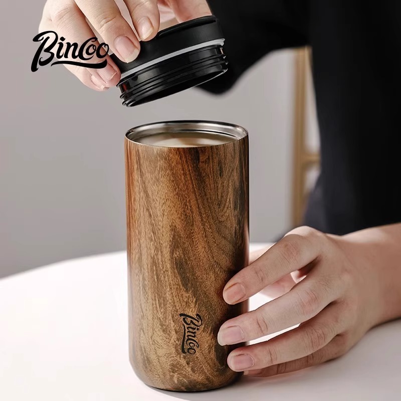 Bincoo复古咖啡杯木纹新款保温杯车载男士便携挂耳咖啡随行杯水杯|undefined