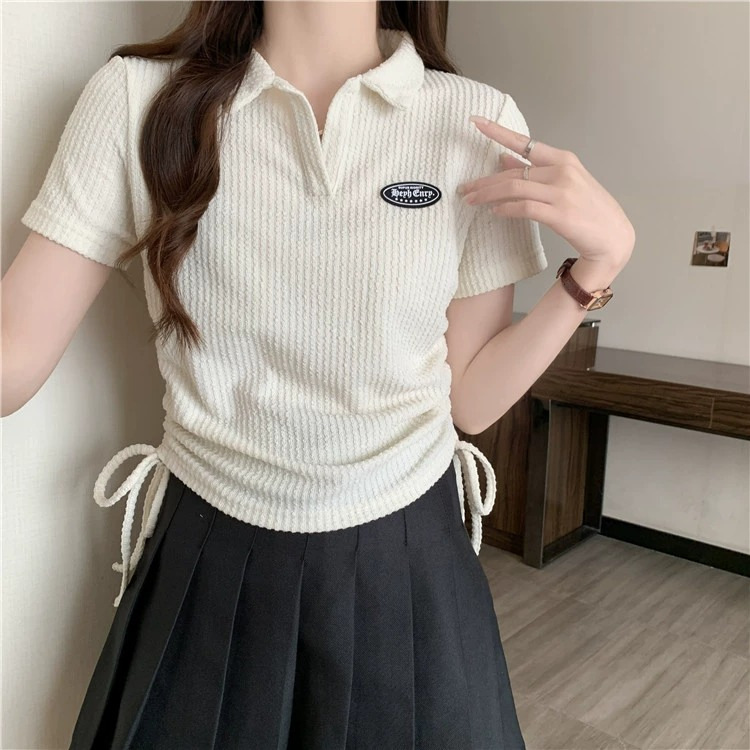 Large size American front shoulder polo neck short sleeved t-shirt for women 2024 new summer chubby mm top design_voghion.com