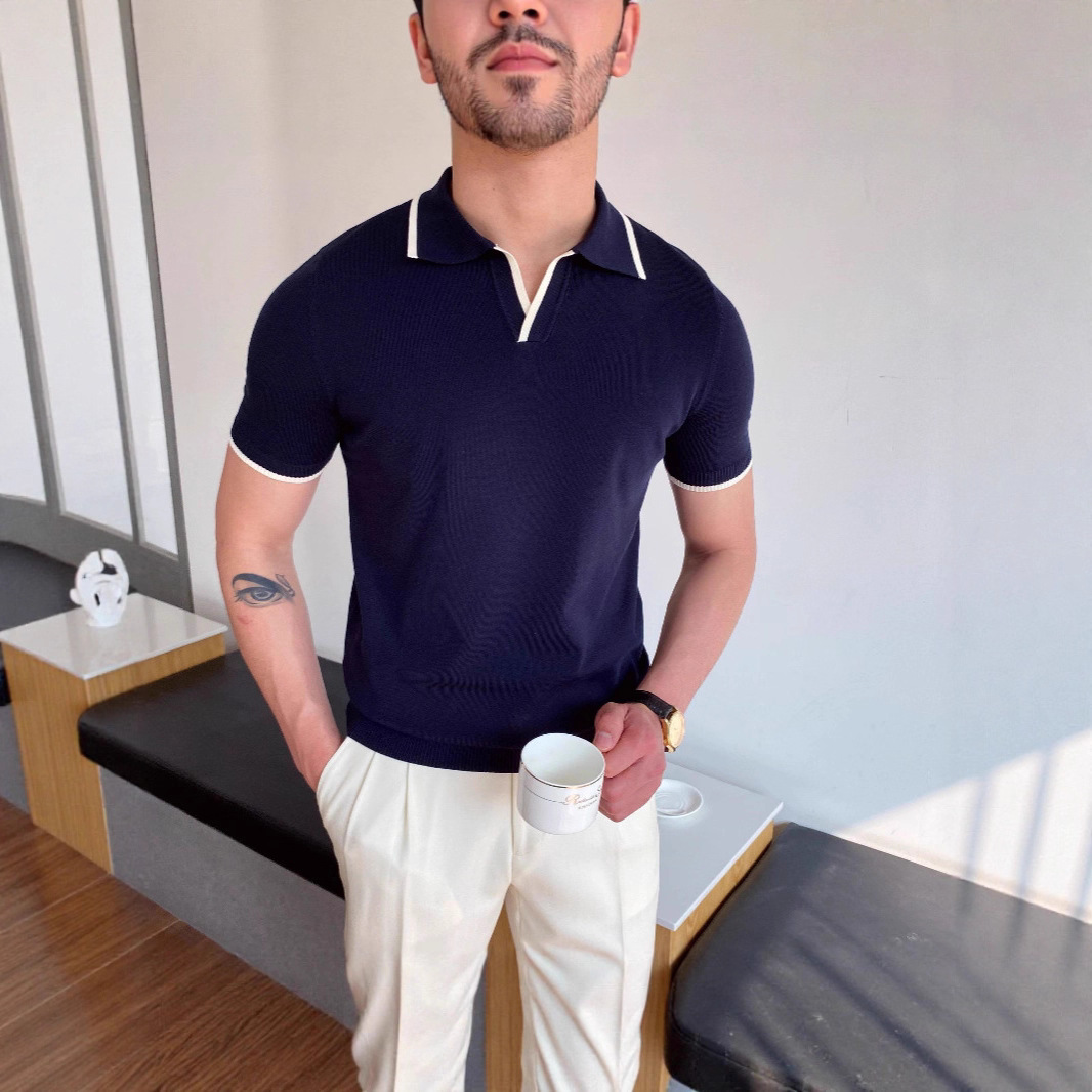 Amazon European and American Cross-Border Men's Sweater Polo Lapel Cool Silk Spring and Summer Contrasting Color Daily Casual Loose Pullover