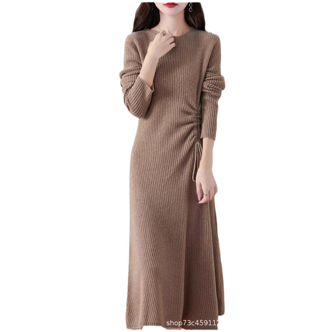 2025 양모 니트 원피스 여자 가을과 겨울 한국 스타일 중장 무릎 길이 캐시미어 스커트 드로우 스트링 A 라인 스커트